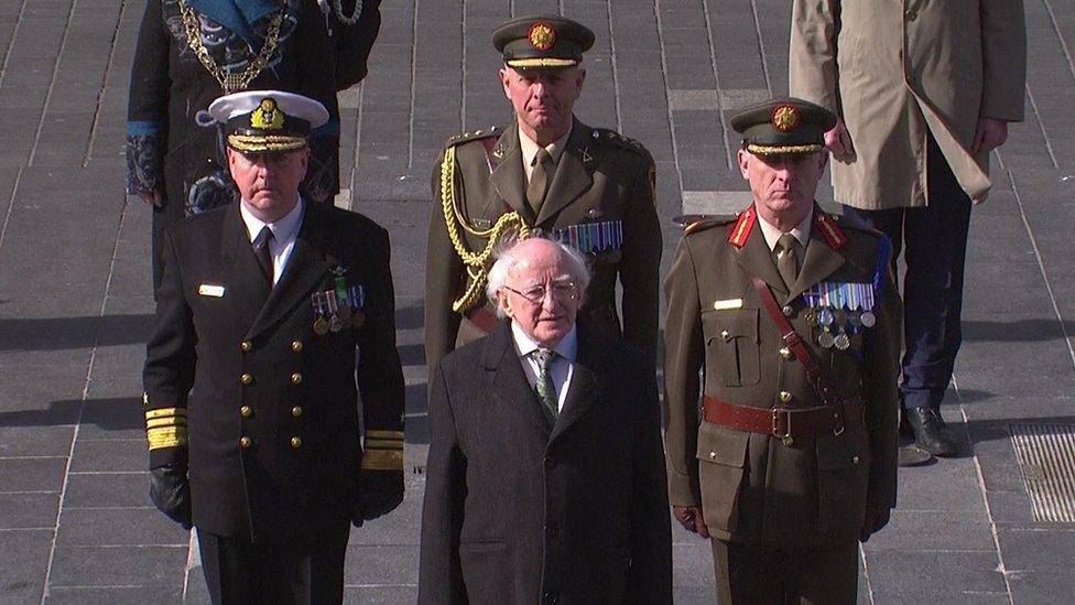 Irish President Michael D Higgins arrives at the General Post Office (GPO) which was the centre of the rebellion against British rule in Ireland 100 years ago