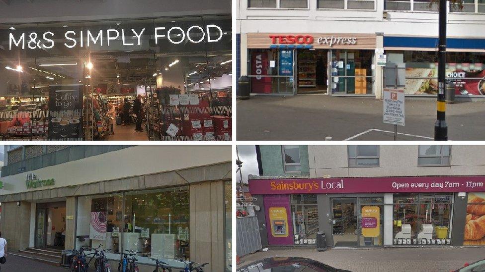 (Clockwise L-R) M&S Simply Food, Birmingham New Street Station; Tesco Express, Frederick Street, Birmingham, Waitrose, Pride Hill, Shrewsbury and Sainsbury's Local, Bristol Road, Selly Oak.