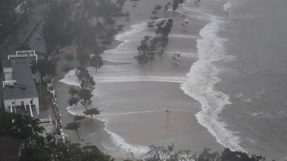 Large waves hit Repulse Bay beach during Super Typhoon Mangkhut in Hong Kong on 16 September 2018.