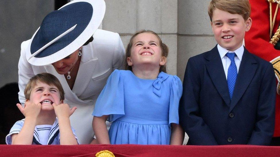 Prince Louis, his mother the Duchess of Cambridge, Princess Charlotte and Prince George