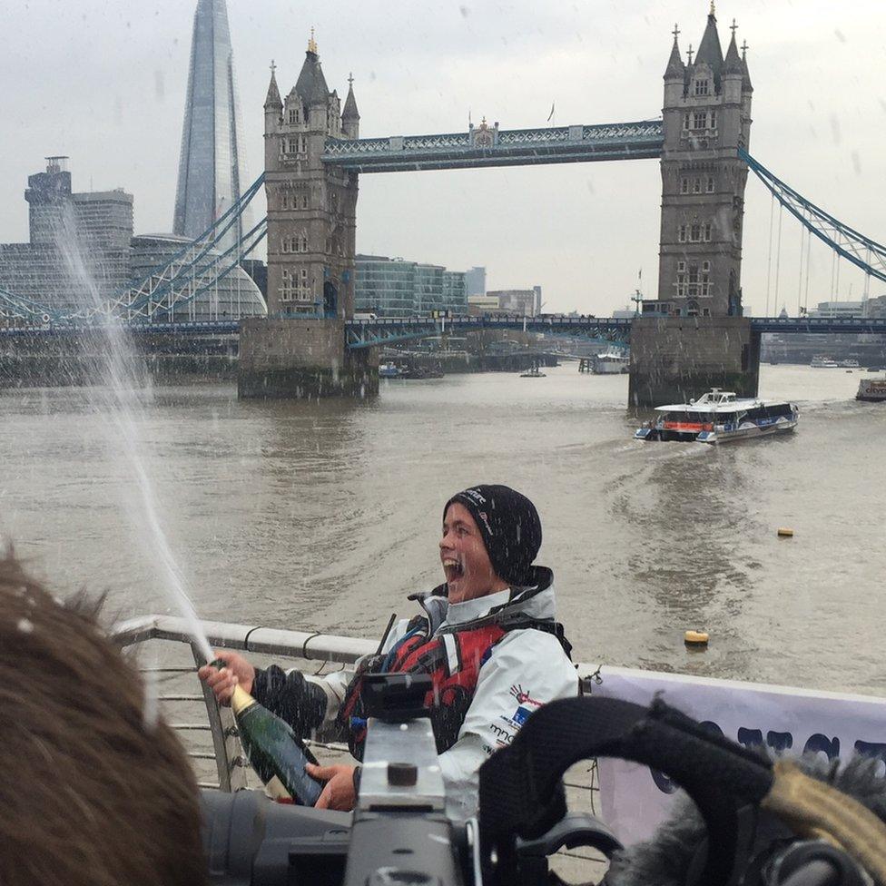 Sarah Outen with an unknown variety of sparkling wine