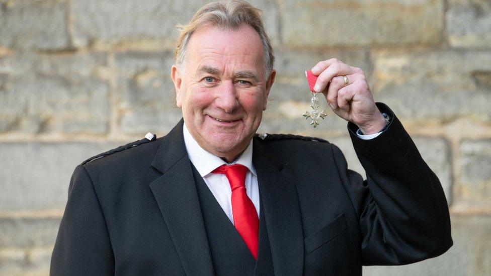 Alan Rough after being awarded Order of the British Empire during an investiture ceremony at Palace Of Holyroodhouse on January 18, 2023 in Edinburgh, Scotland. (Photo Lesley Martin - Pool/Getty Images)