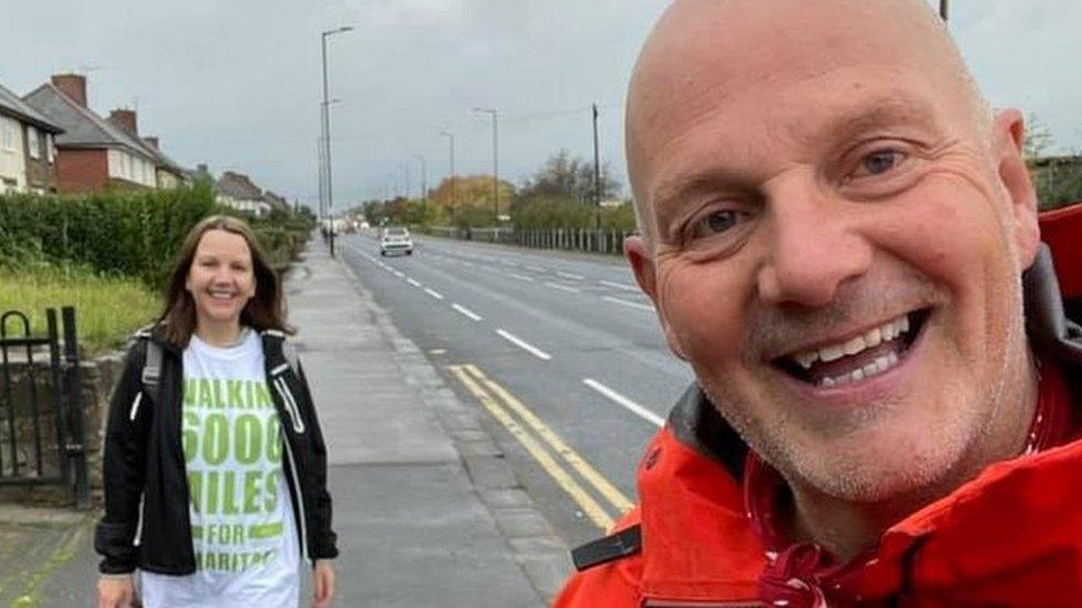 David Matthews walking with his sister, Helen Rogerson