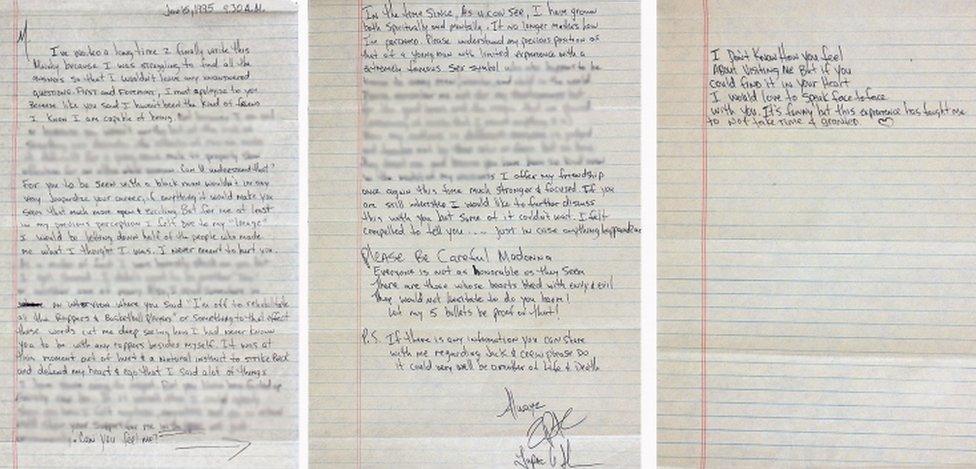 A series of pictures purportedly showing the prison letter written by Tupac to Madonna in 1995, released by Gotta Have Rock and Roll