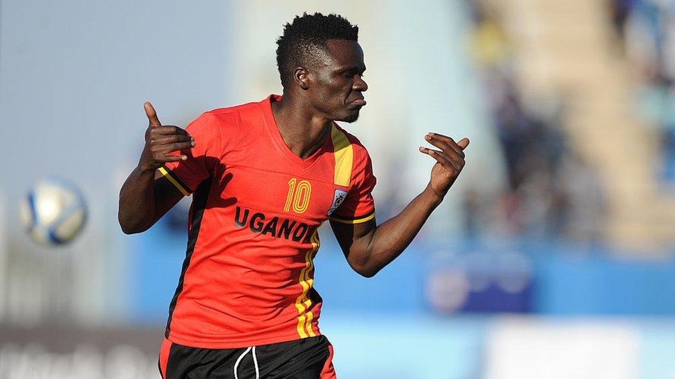 Uganda's midfielder Luwagga Kizito celebrates after scoring a goal during the AFCON 2017 qualifying match Botswana vs Uganda at the Francistown Stadium in Botswana on 4 June 2016