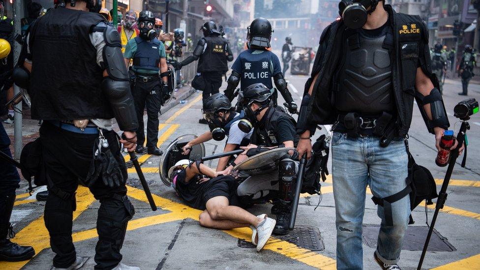 A protester was arrested in Wan Chai on October 1, 2019