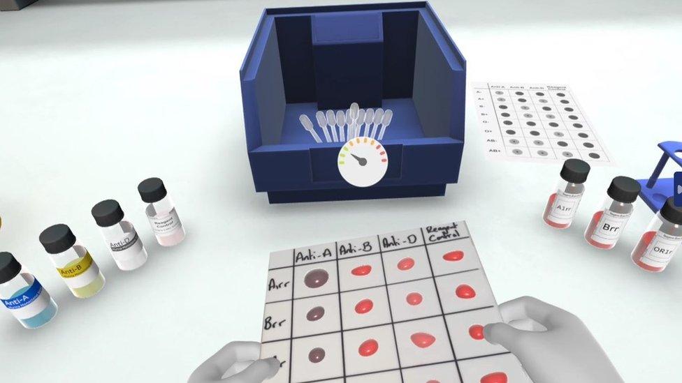 Virtual reality blood test card and samples