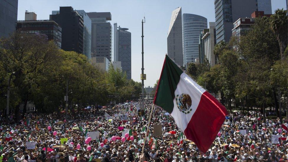 Demonstrators march to the Plaza Angel Independencia in Mexico City, 12 February 2017