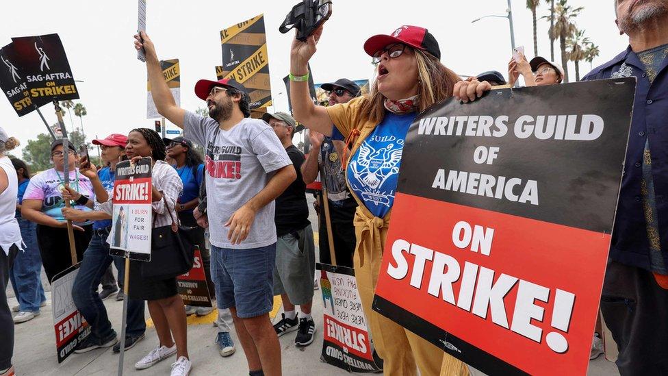 WGA strike people shouting