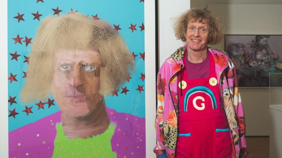 Painting of Grayson Perry alongside a photo of his smiling at the camera.