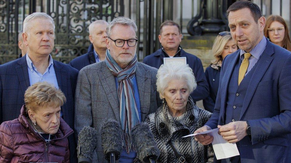 toland and loughrey famiiies outside court in belfast