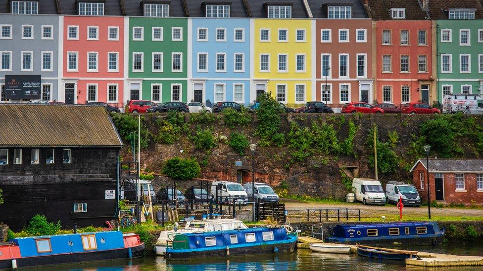 Shot of colourful houses in Bristol Harbour