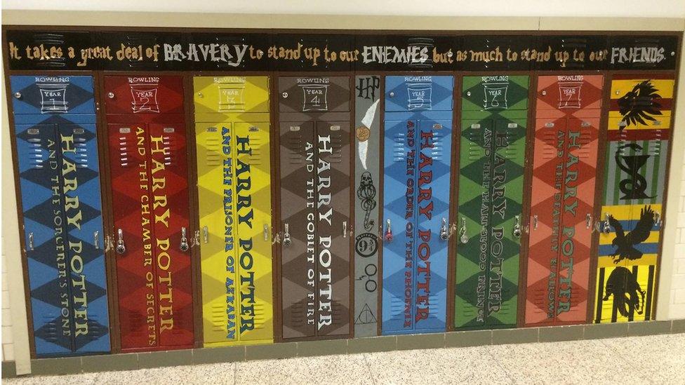 School lockers painted to look like the spines of Harry Potter Books