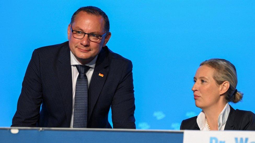 Alice Weidel and Tino Chrupalla, co-leaders of the far-right Alternative for Germany (AfD), at a party gathering