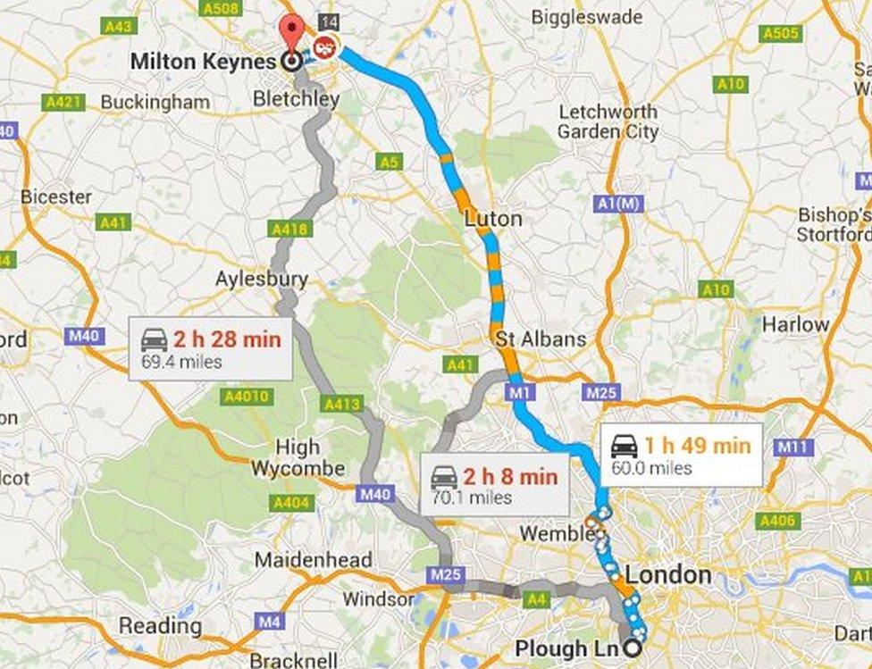 Route map from Plough Lane to Milton Keynes