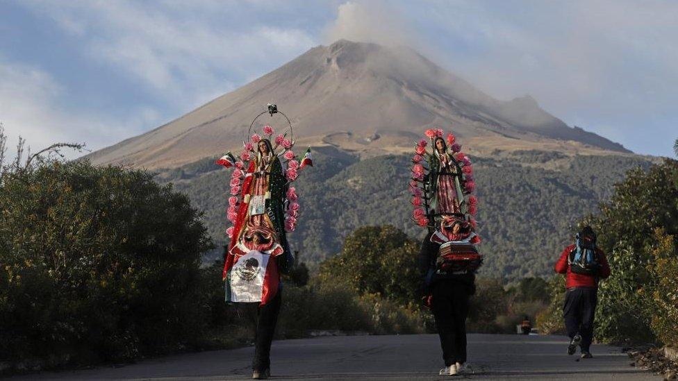 Pilgrims from various communities walk towards the Basilica of Guadalupe in the Paso de Cortes area in the state of Puebla, Mexico, 09 December 2023.