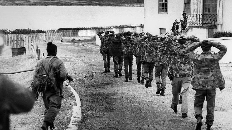 Royal Marines leaving Stanley