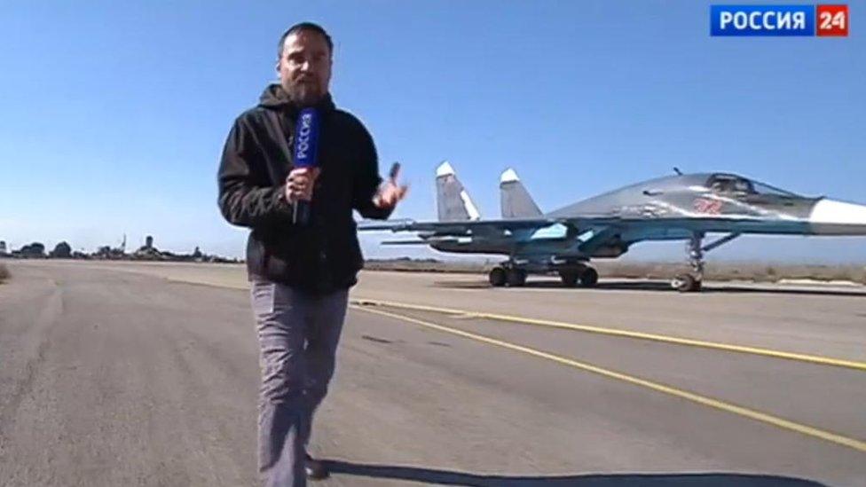 State-controlled Rossiya TV reports on the Russia aerial campaign in Syria.