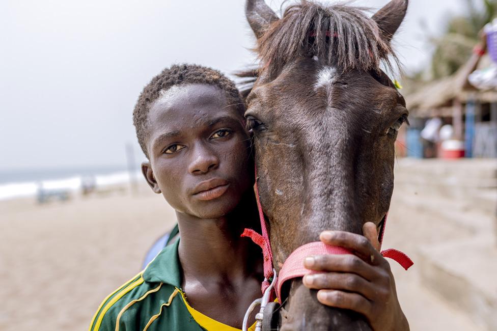 Man and horse looking at camera