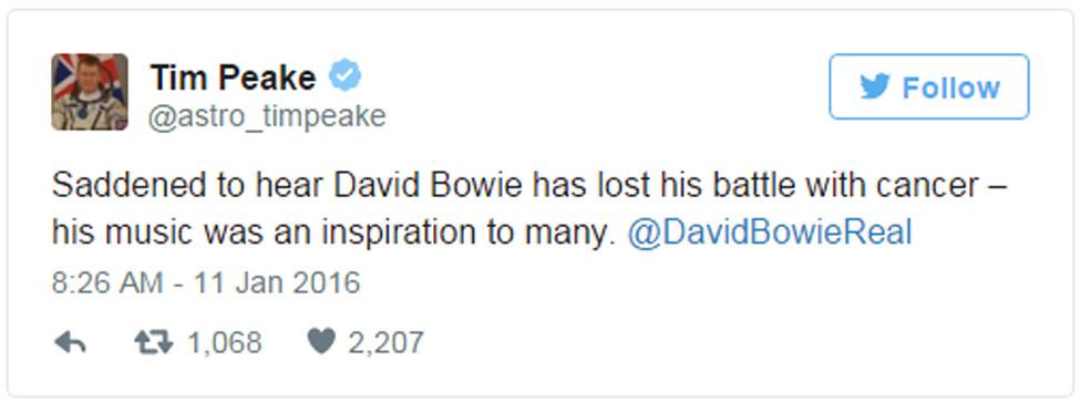 Tim Peake tweet: Saddened to hear David Bowie has lost his battle with cancer - his music was an inspiration to many. @DavidBowieReal