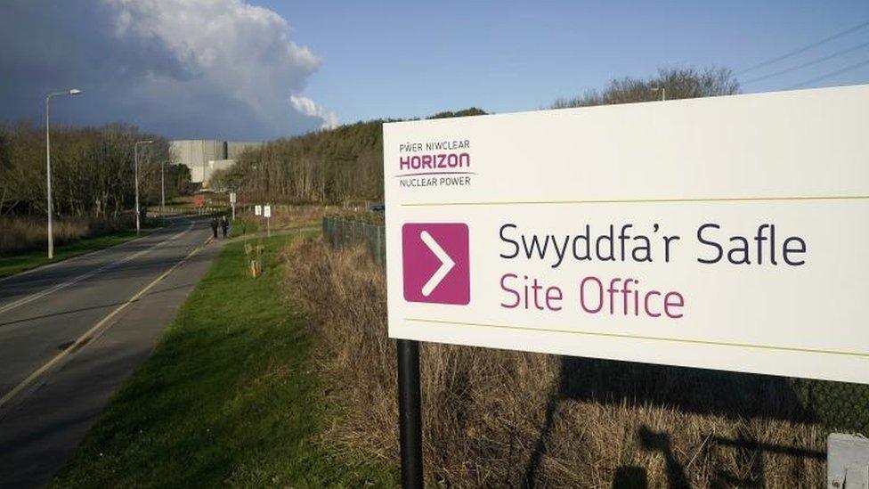 Sign of Hitachi subsidiary Horizon Nuclear Power outside its offices at Wylfa, Anglesey