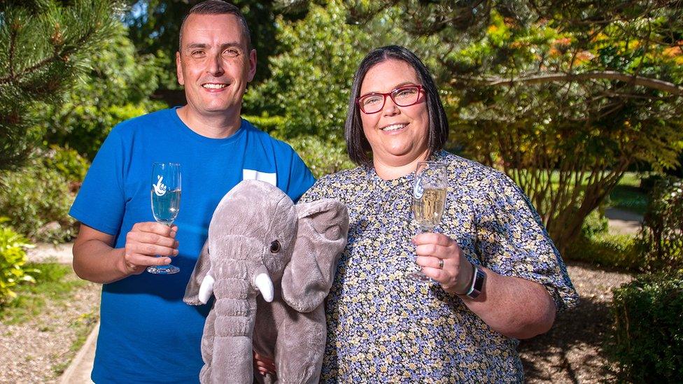 Louise and Stuart Tate with a cuddly elephant