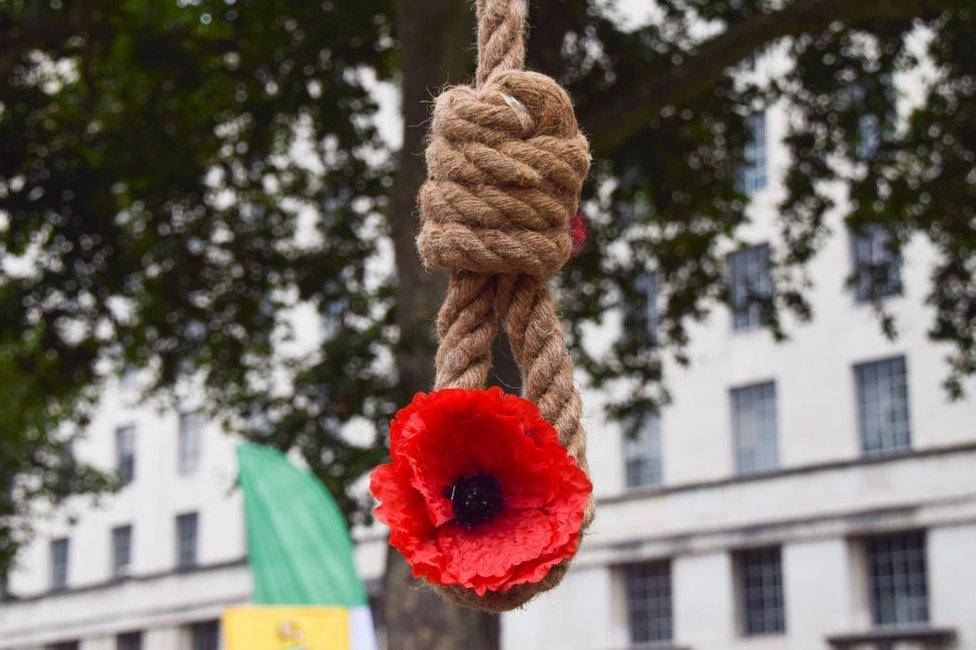 File photo showing a noose with a red poppy flower at a protest by supporters of the National Council of Resistance of Iran (NCRI) in London (3 August 2021)