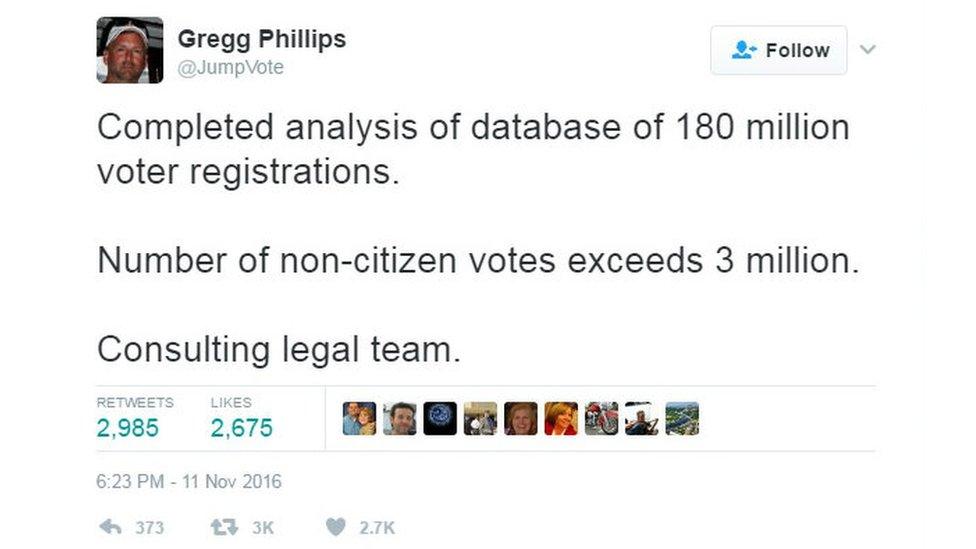 Tweet by Gregg Phillips: "Completed analysis of database of 180 million voter registrations. Number of non-citizen votes exceeds 3 million. Consulting legal team."