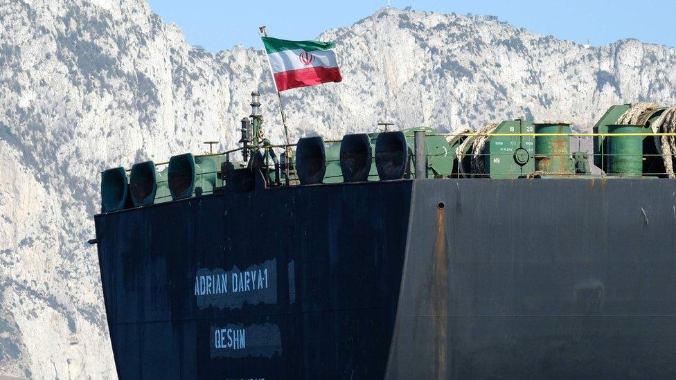 An Iranian flag flutters on board the Adrian Darya oil tanker, formerly known as Grace 1, off the coast of Gibraltar on August 18, 2019