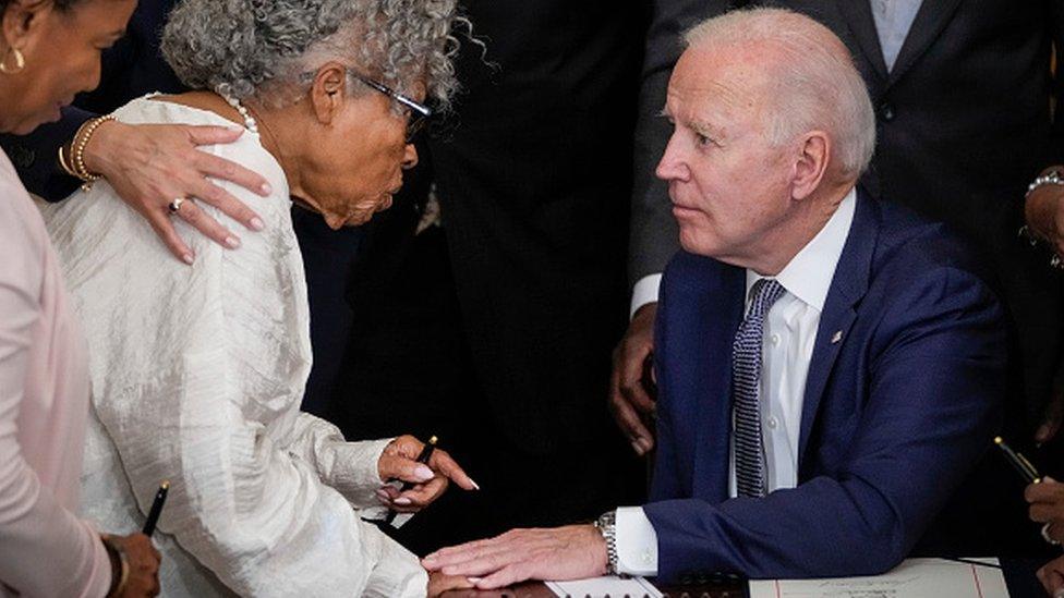 Opal Lee speaks with US President Joe Biden