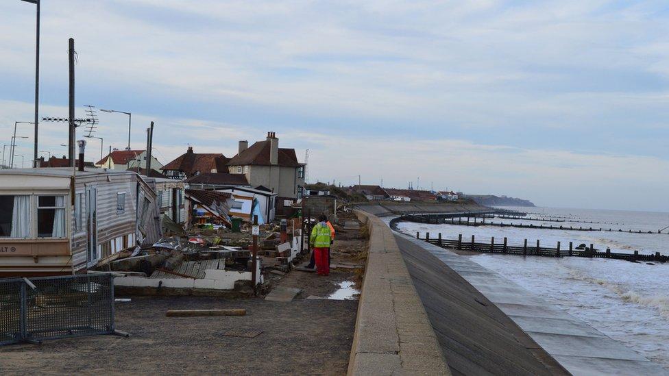 A caravan in Walcott which was wrecked by the tidal surge