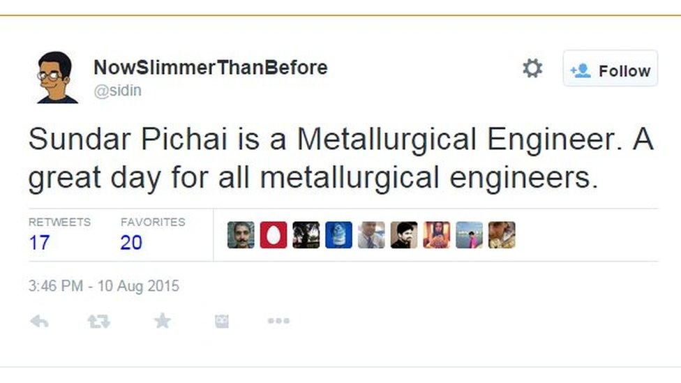 Sundar Pichai is a Metallurgical Engineer. A great day for all metallurgical engineers.