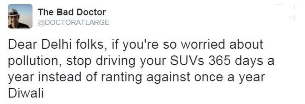 Tweet from user doctoratlarge reads: "Dear Delhi folks, if you're so worried about pollution, stop driving your SUBs 365 days a year instead of ranting against once a year Diwali"