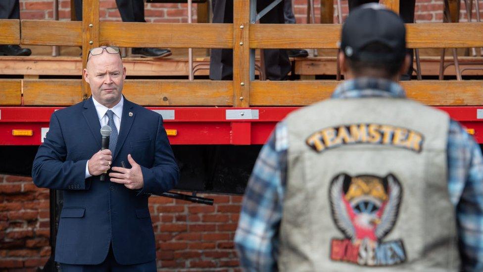 Sean O'Brien speaks at a Teamsters Local 25 event in 2021