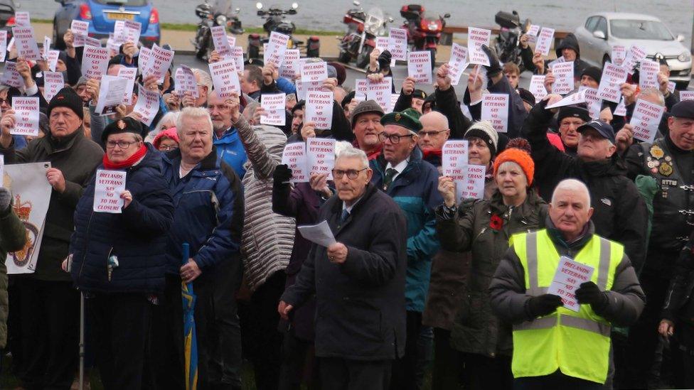 Veterans protesting outside Bennet House, Portrush, County Antrim