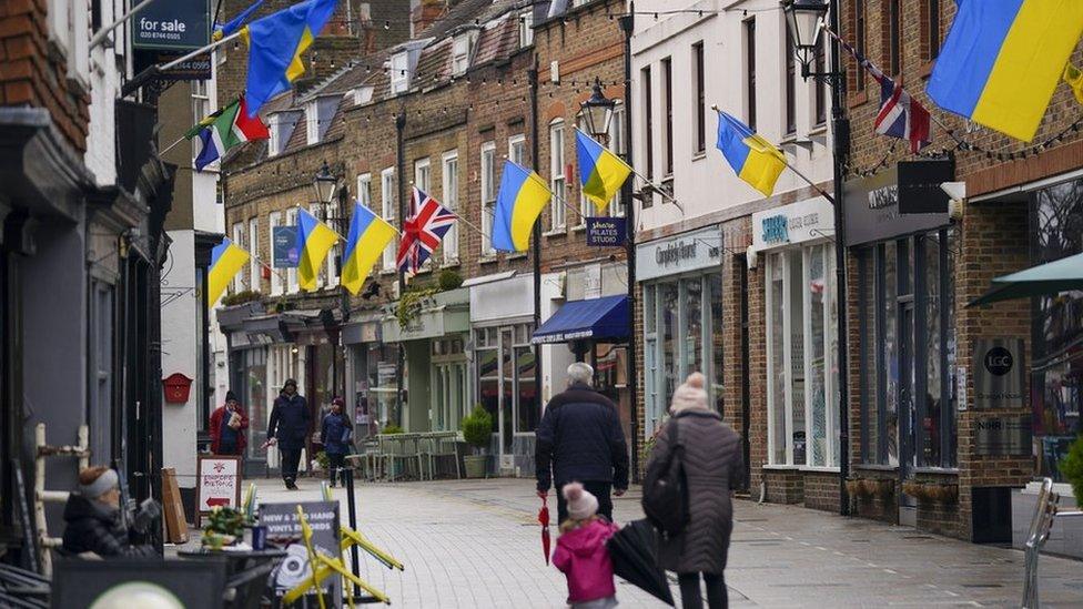 High street covered in flags