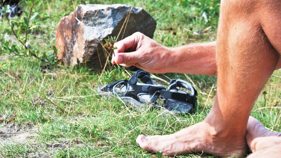 Stock image of a foot and a hand resting on a park