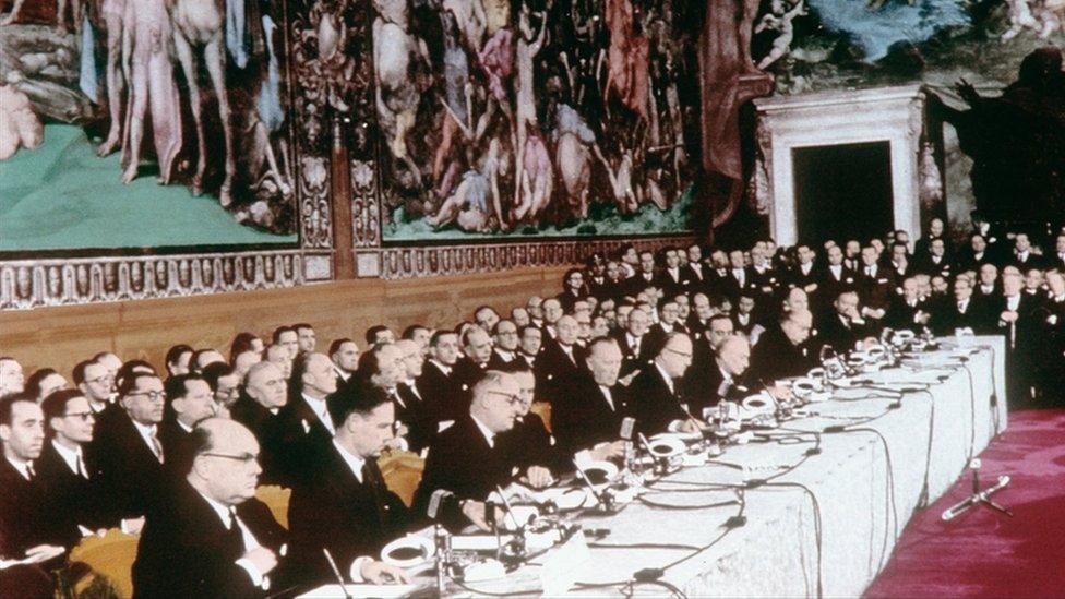 The signing of the Treaty of Rome: Christian Pineau and Maurice Faure, 1957