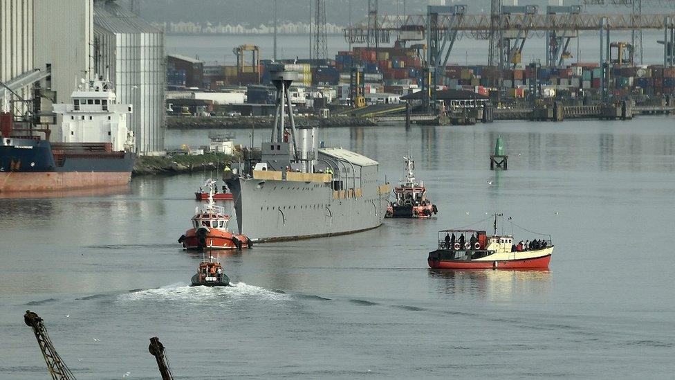 World War One Battle of Jutland veteran light cruiser, the 3,700-ton HMS Caroline in Alexandra Dock