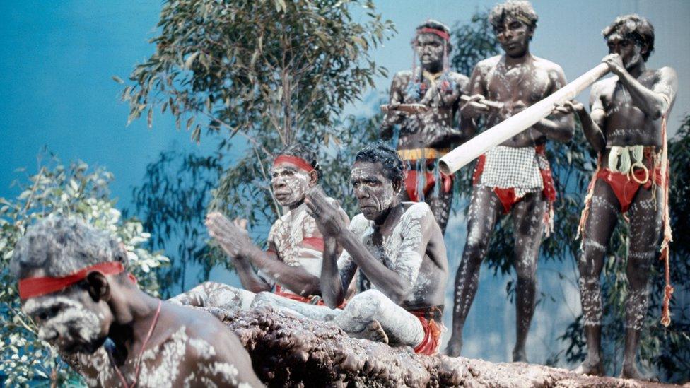 Aboriginal dancers perform during "Dalgerie" the first Opera to be held at the Sydney Opera House in 1973