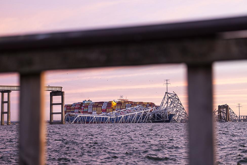 A view of the Dali cargo vessel which crashed into the Francis Scott Key Bridge causing it to collapse in Baltimore, Maryland, US, on 26 March 2024