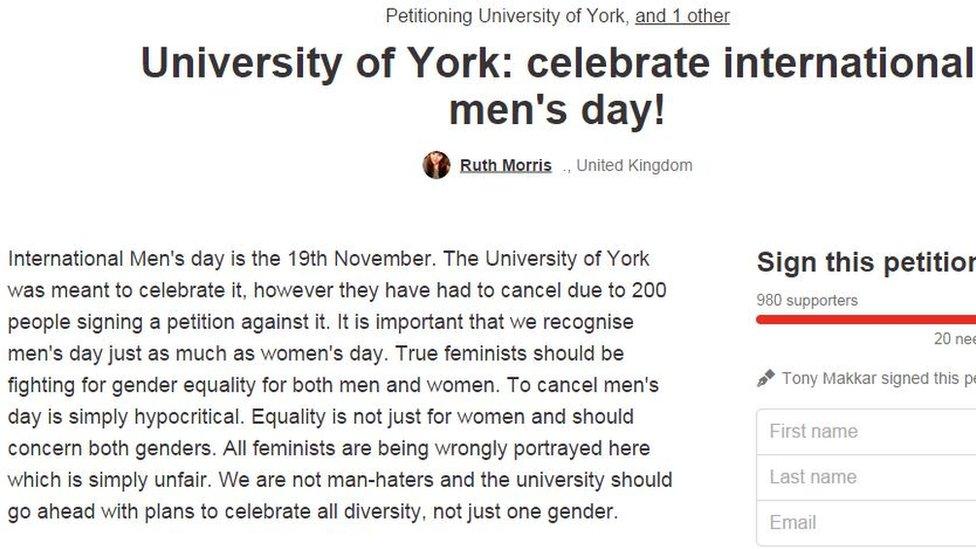 Change.org petition to reinstate International Men's Day at the University of York