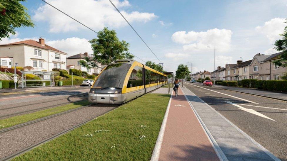 Visualisation of a tram on Edinburgh Road in Glasgow