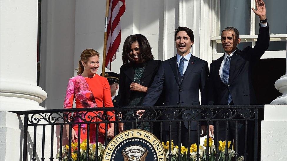 US President Barack Obama and First Lady Michelle Obama welcome Canada"s Prime Minister Justin Trudeau and Canadian First Lady Sophie Gregoire-Trudeau (L) as they take part in a welcome ceremony during a State Visit on the South Lawn of the White House on March 10, 2016 in Washington, DC. /