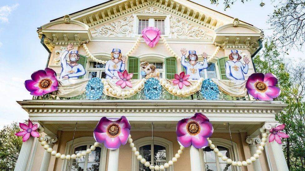 View of The Queen’s Jubilee House, whose decorations are sponsored by Krewe of Red Beans, on January 24, 2021 in New Orleans, Louisiana