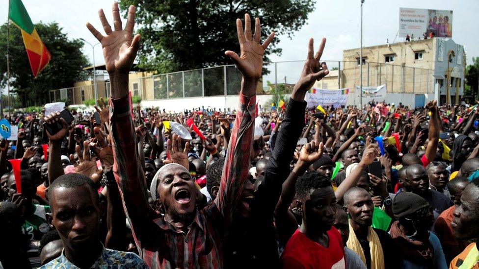 Supporters of Imam Mahmoud Dicko and other opposition political parties protest after President Ibrahim Boubacar Keita rejected concessions, aimed at resolving a months-long political stand-off, in Bamako, Mali July 10, 2020