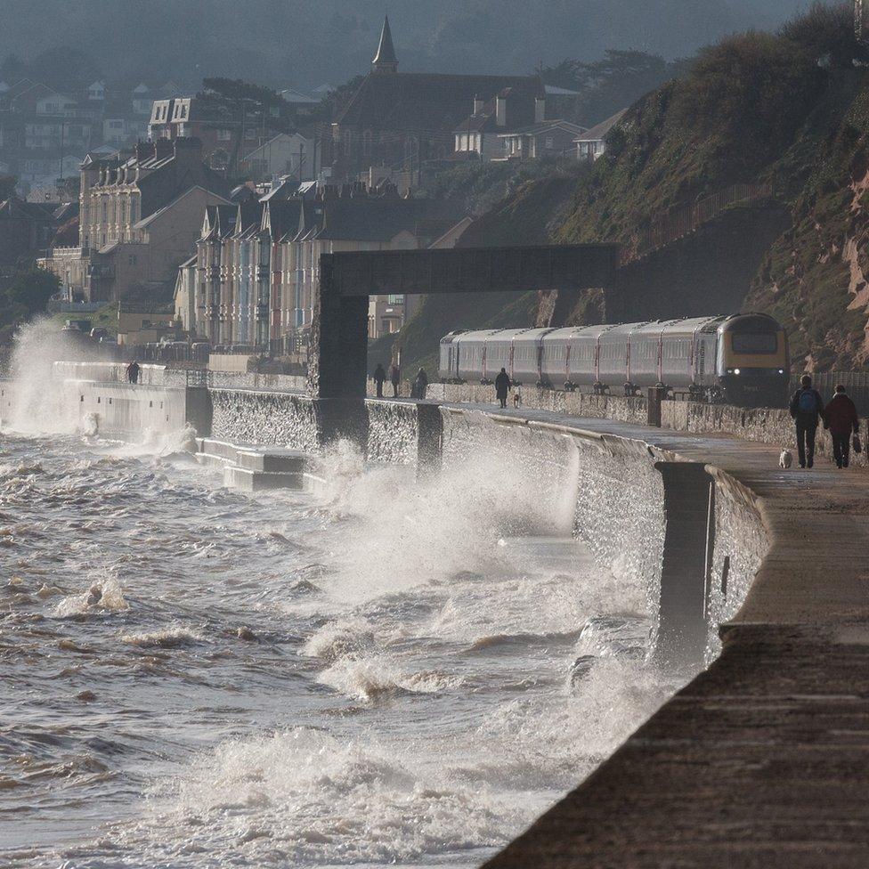 Train at Dawlish breakwater, Devon