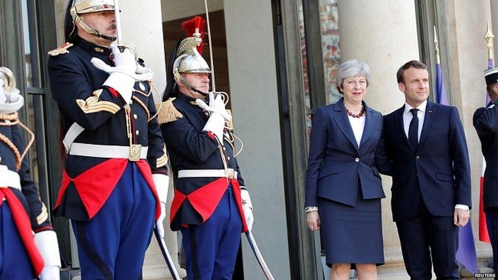 Theresa May and Emmanuel Macron at the Elysee Palace in Paris