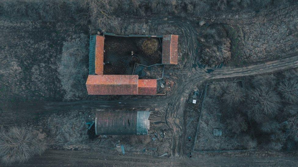 A farm building on the old Stanwick Road close to Higham Ferrers taken from a drone