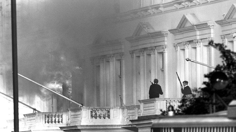 Armed police on the adjoining balcony to the Iranian Embassy during the siege in 1980